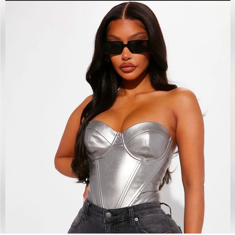 Fashion Nova Matte Silver Bustier Bodysuit NEW Size L